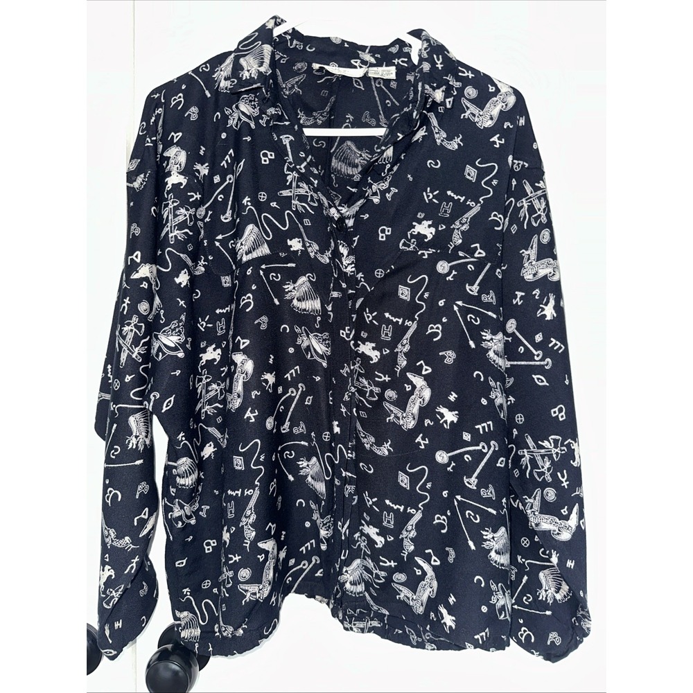 Vintage 90s New Options Lucky 777 Arrow Abstract Rayon Womens Button Up Blouse L